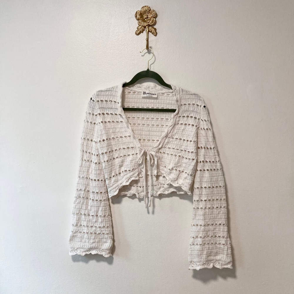 Fairycore White Tie Front Pointelle Knit Cropped Cardigan Small Boho Cottagecore